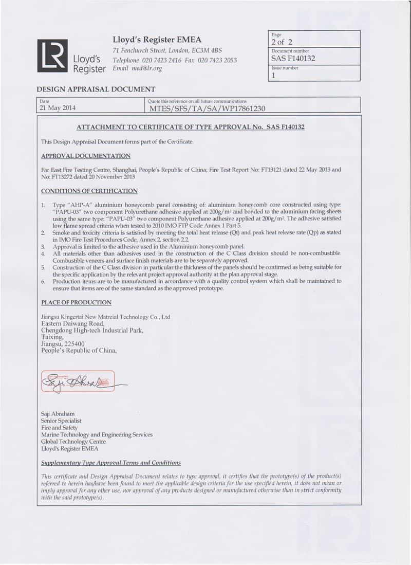 Alucoworld B1 Class Certificate of Fire Approval